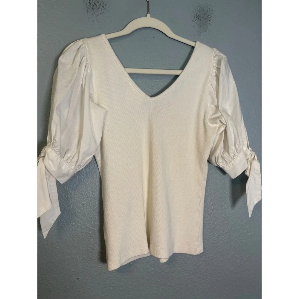 Anthropologie Maeve Puff Sleeve Top White Smocked Size XS